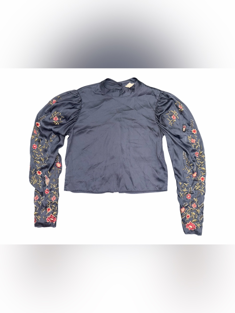 H&M Navy Blouse with Embroidered Floral Sleeves